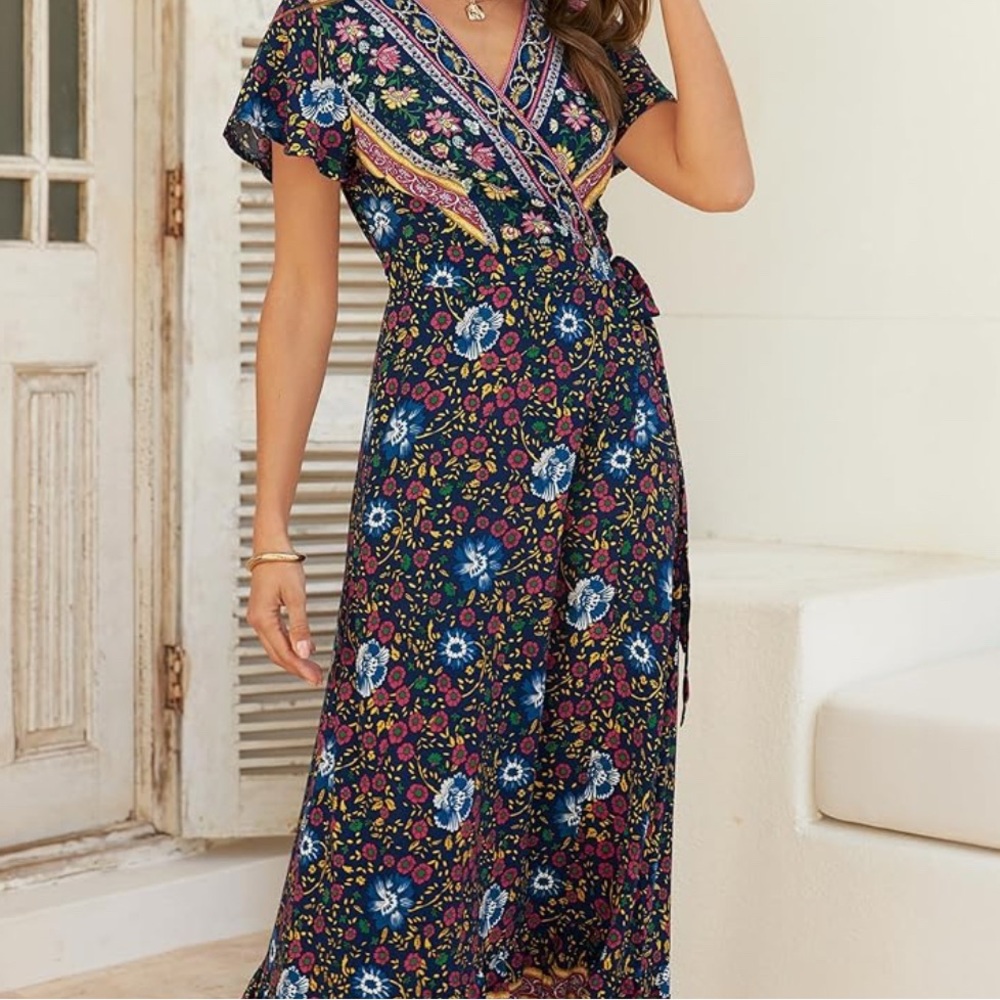 Bohemian Floral Printed V Neck Maxi Wrap Dress - Navy Blue - Size Medium